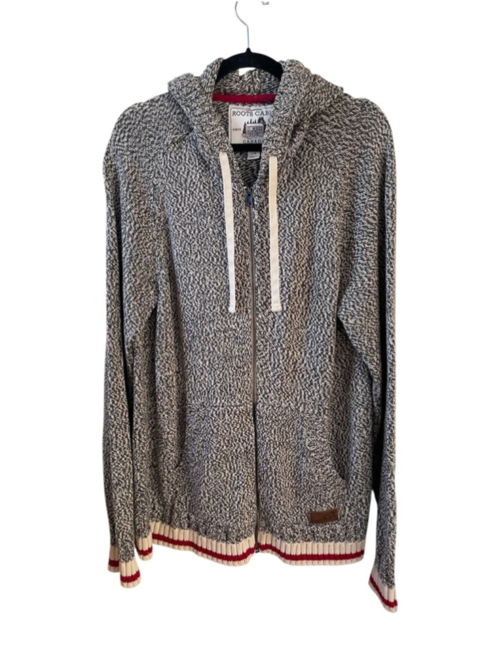 Roots Cabin Gray Marled Zip-Up Hoodie Sweater with Red Trim L